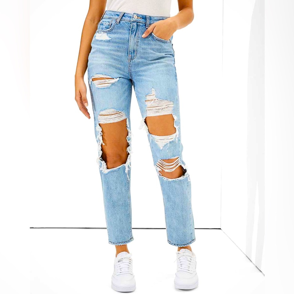 🦅 BNWT AE Ripped Highest Waist Mom Jeans - American Eagle Denim 14Short 🦅